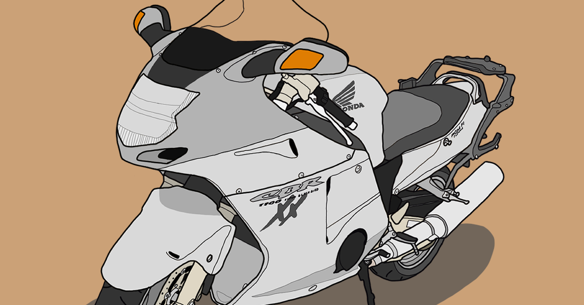 ホンダ メガスポーツバイク CBR1100XXブラックバード グレー バイク用エンジンオイルの缶に腰掛ける人